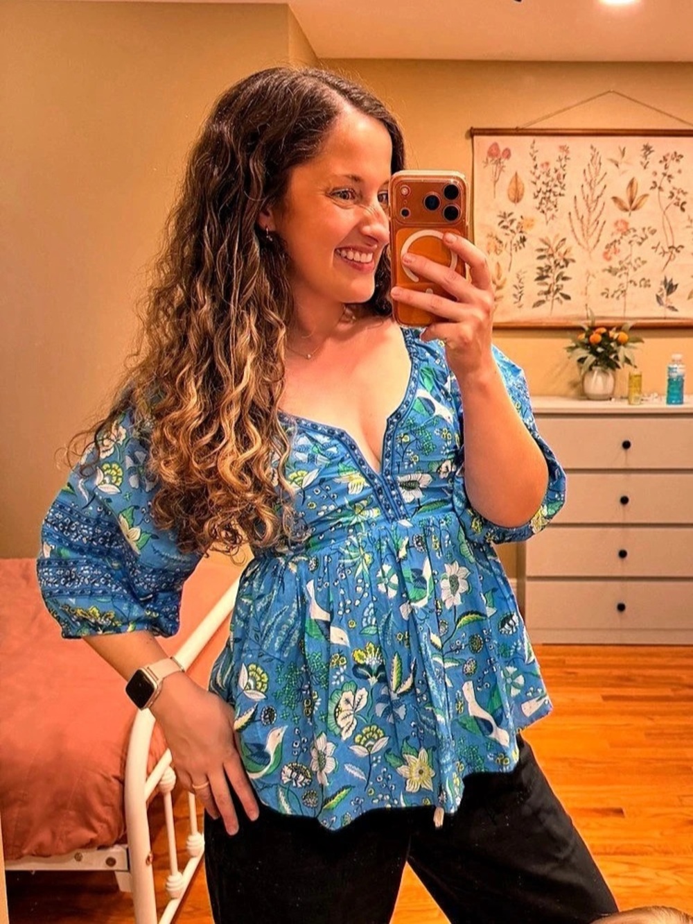 Printfresh Jasmine Painters Garden Floral Peasant Blouse in Blue Size XS Like Ne